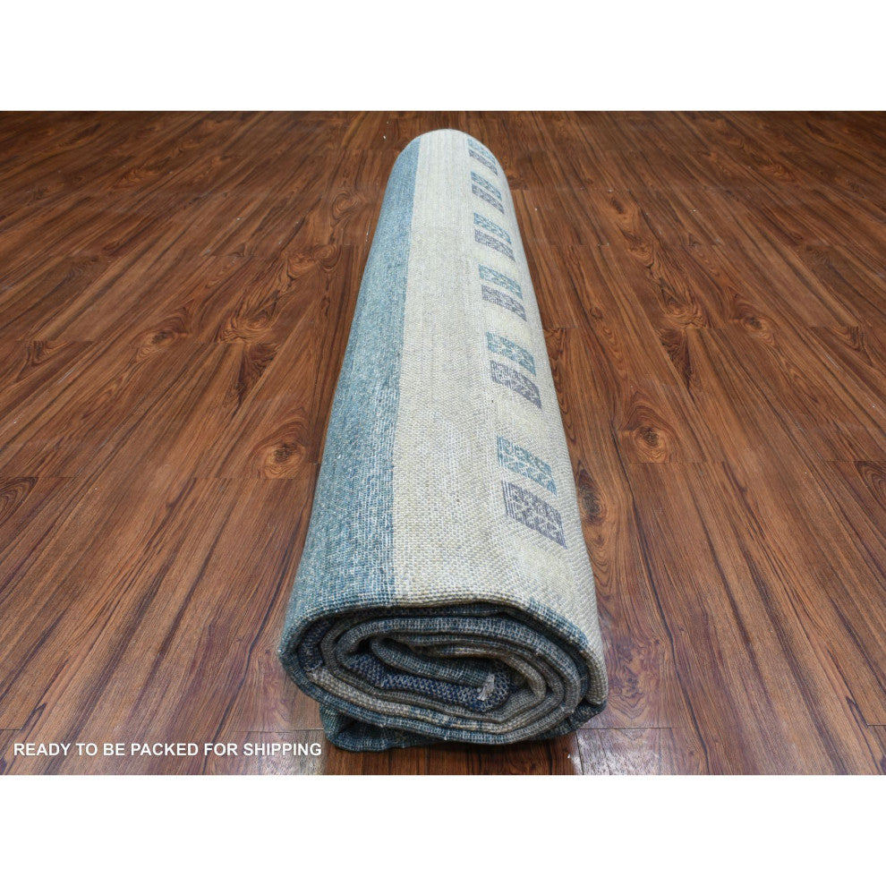Light Blue Afghan Kashkuli Gabbeh Design Pure Wool Hand Knotted Rug, 9'0"x11'9"