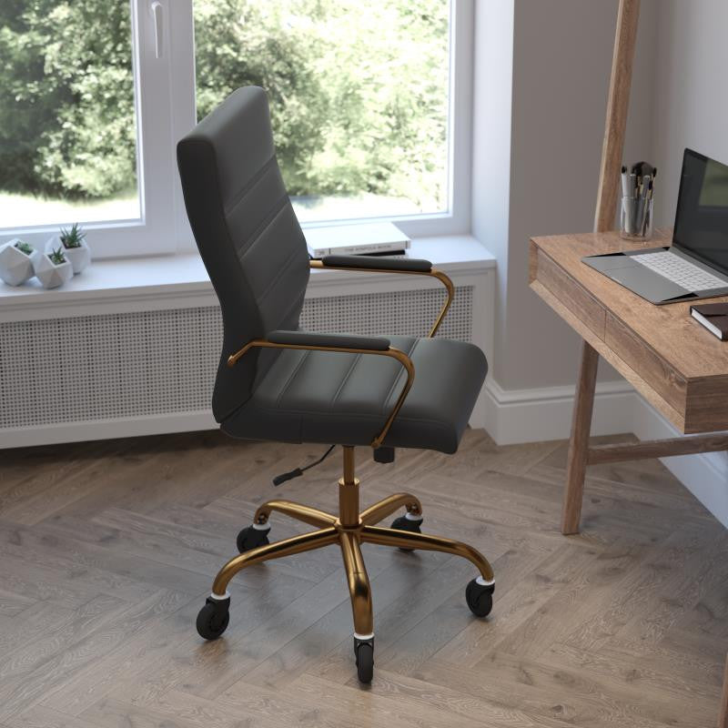 Whitney High Back Executive Swivel Office Chair with Black Frame & Arms, Black Leathersoft/Gold Frame