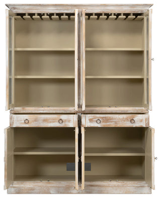 Full front view with doors open to reveal interior shelves on white background.