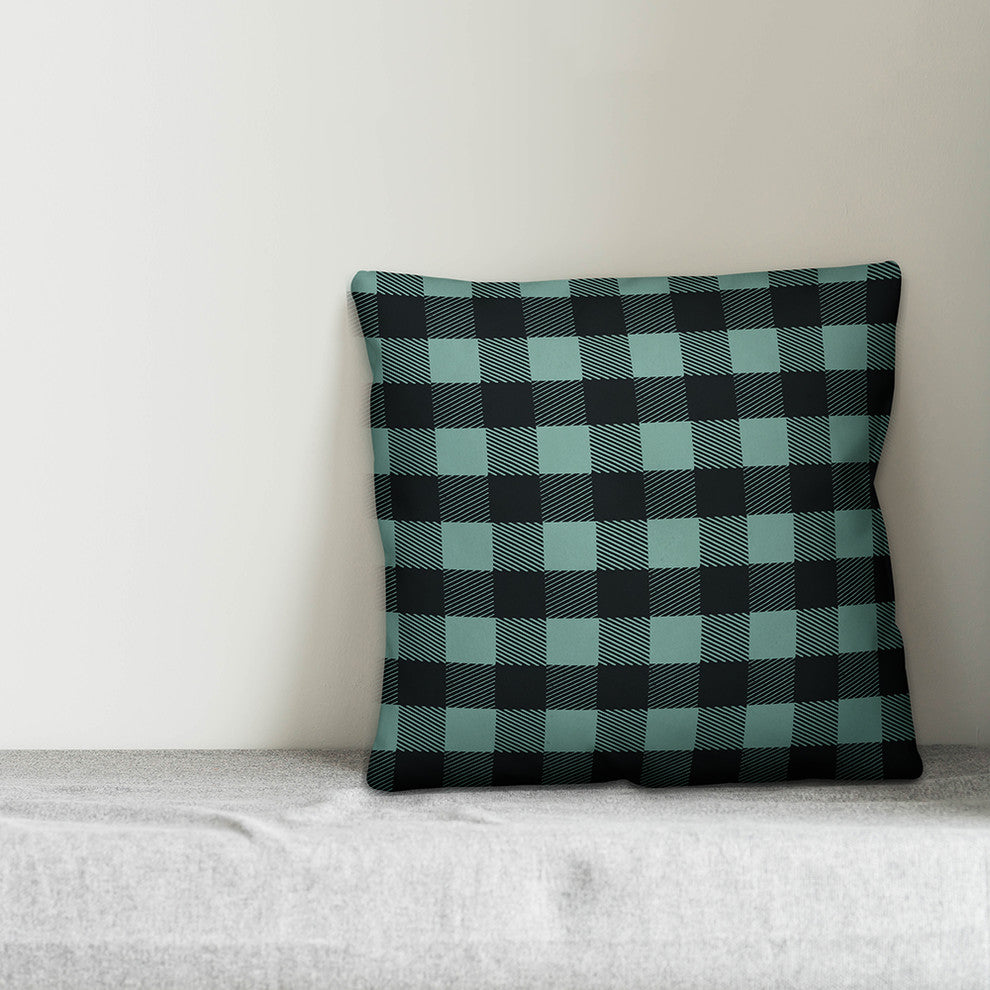 Teal Buffalo Check Plaid Outdoor Throw Pillow, 16"x16"