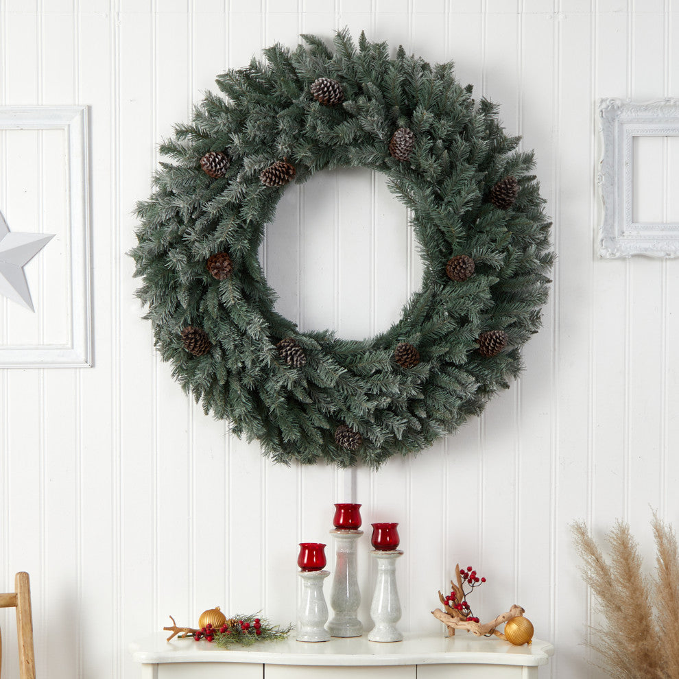 4' Large Flocked Faux Xmas Wreath W/Pinecones, Clear Lights & Bendable Branches