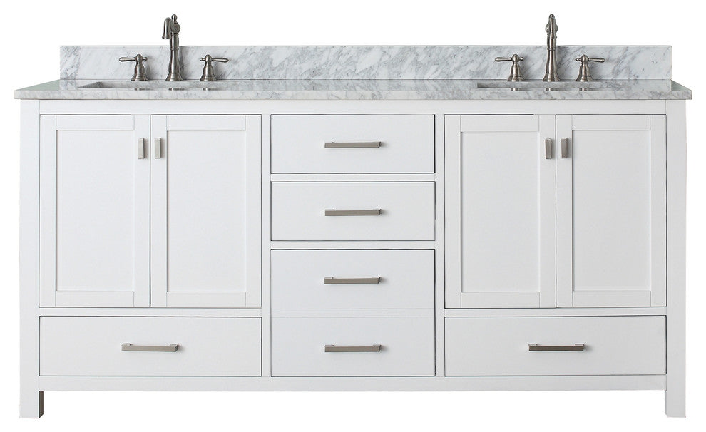 Avanity Modero 72" Double Vanity, White Finish, Carrera White Marble Top