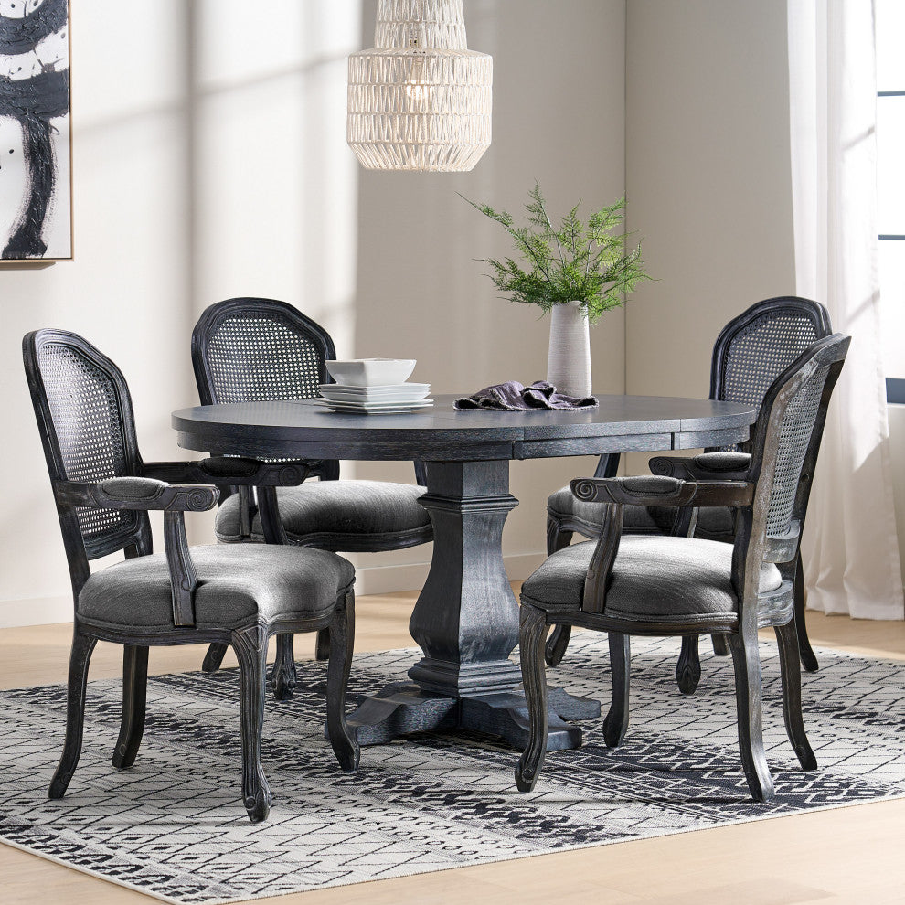 Mariette French Country Wood and Cane 5 Piece Expandable Oval Dining Set, Gray/Gray