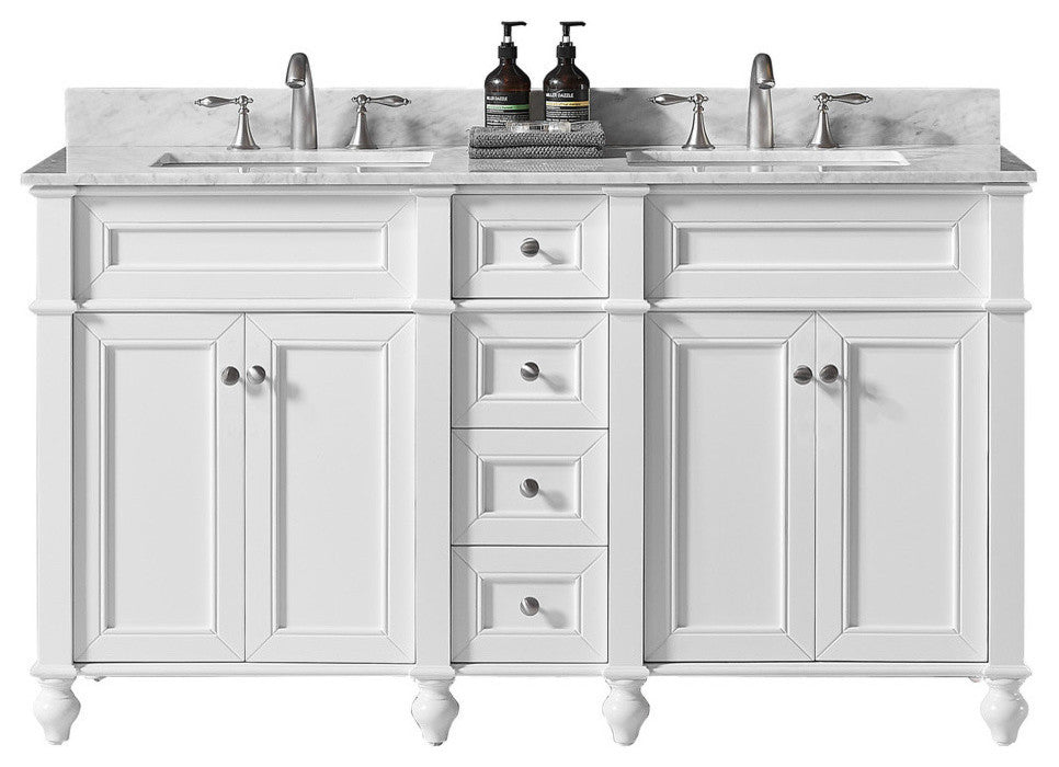 60" Double Bathroom Vanity, White with Carrara White Marble Top