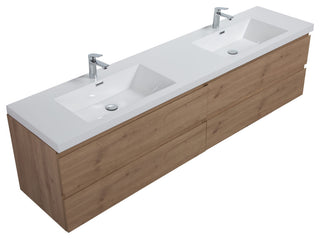 Aurora Wall Mount Vanity, White Acrylic Top, Sonoma Oak, 84"