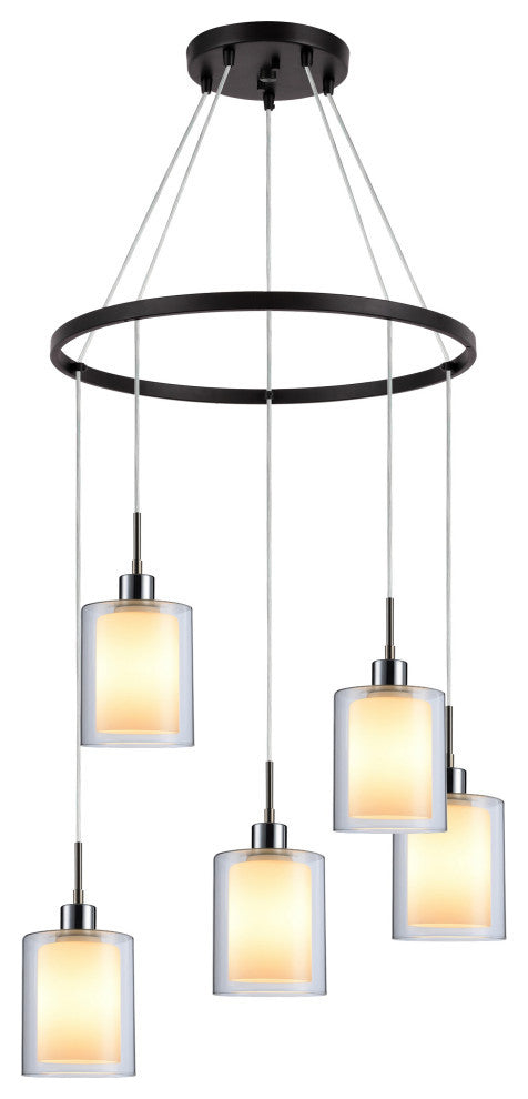 Alaina 5LPendant Chandelier, Chrome/Bronze, Clear/Opal Double Glass