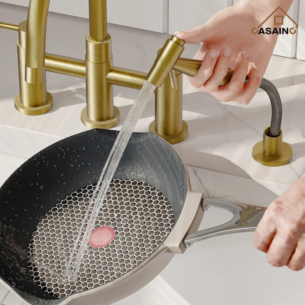 CASAINC Bridge Kitchen Faucet Double Handle with Side Sprayer 3 Color, Brushed Gold