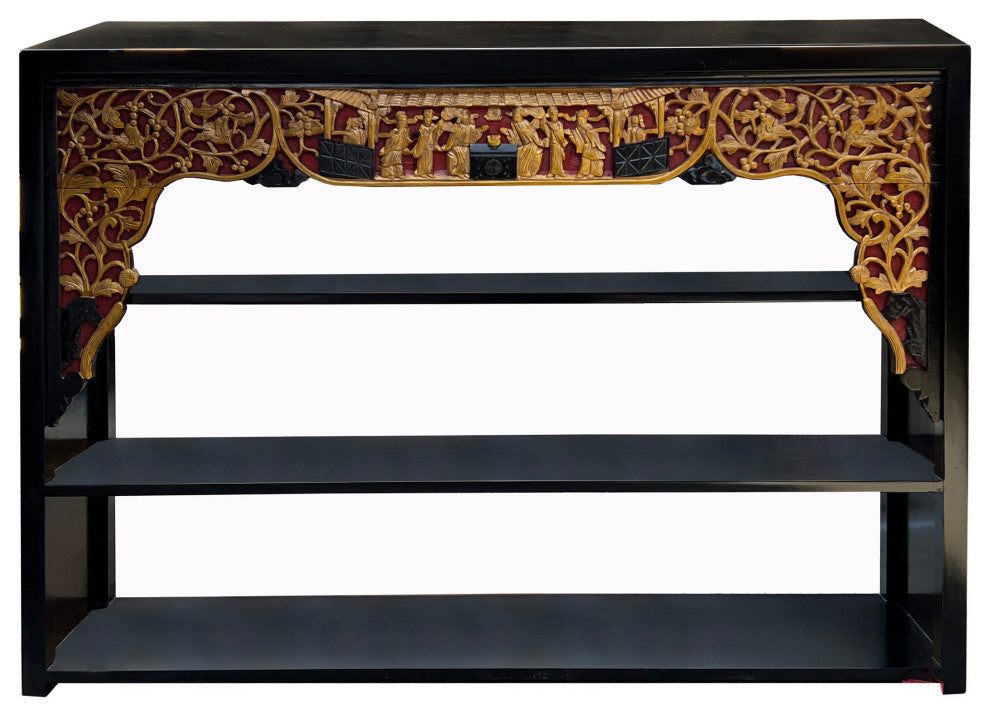 Chinese Black Golden Carving Rectangular Curio Display Stand Side Table Hcs7642