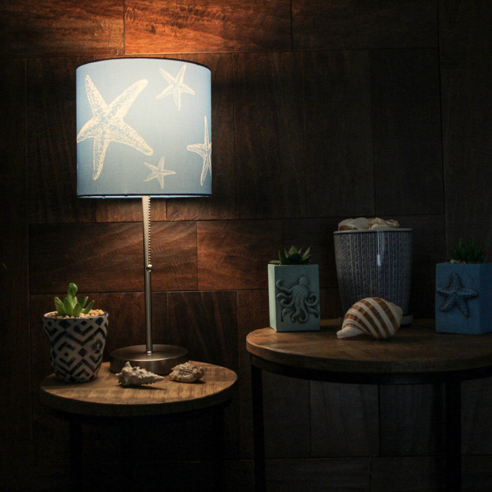 Brushed Nickel Finish Table Lamp With Coastal Blue Starfish Shade