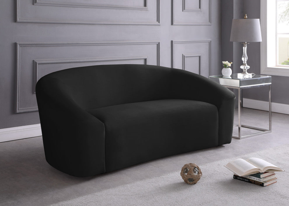 Riley Velvet Upholstered Rounded Loveseat, Black