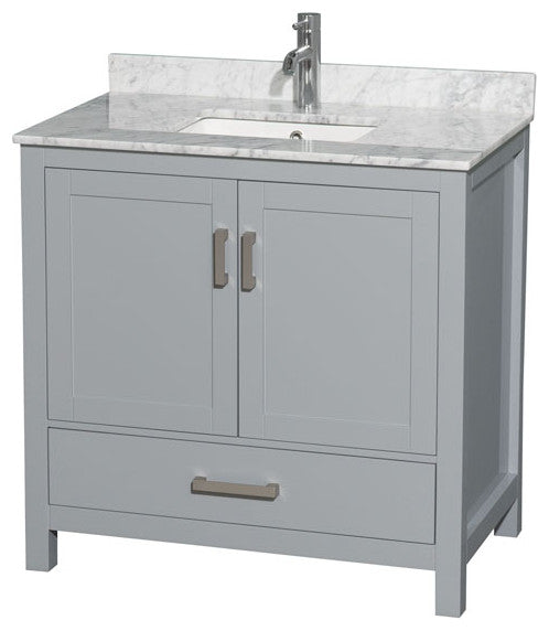 Wyndham WCS141436SGYCMUNSMXX 36" Vanity in Gray + Carrera Marble and Square Sin