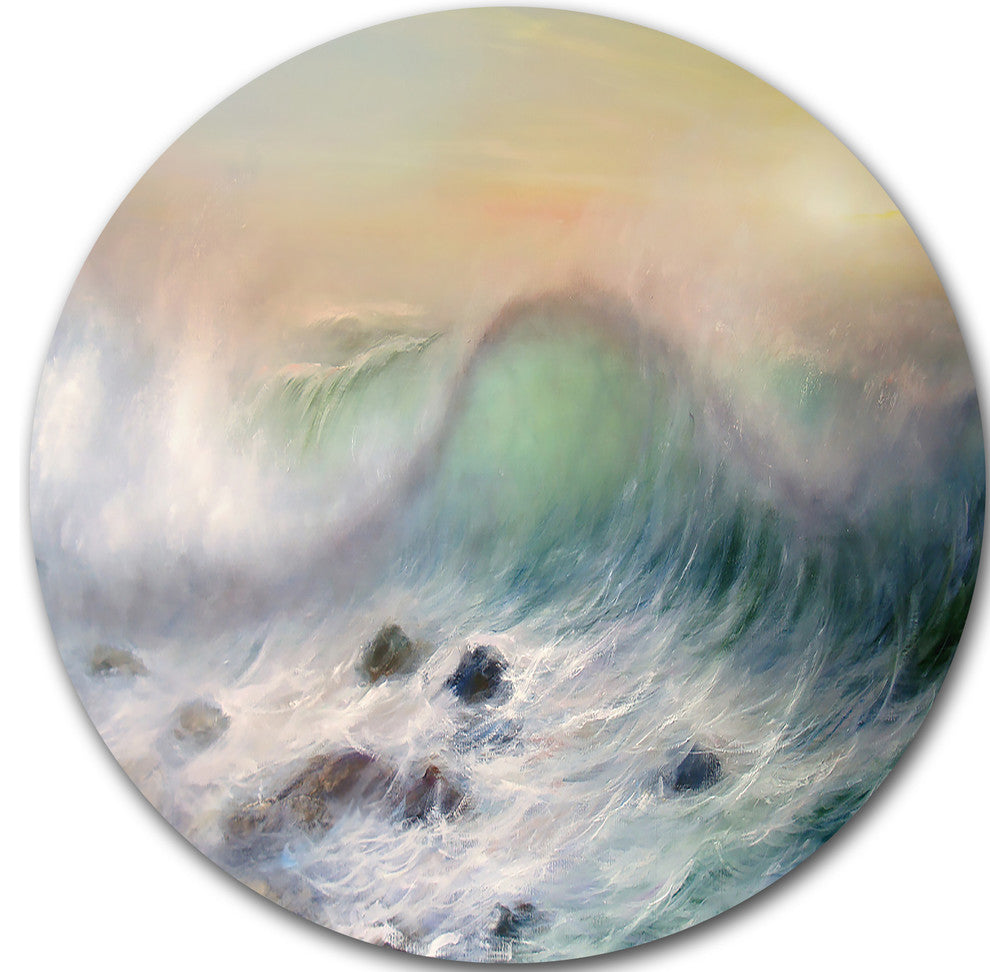 Mountains Of Waves, Seascape Painting Round Metal Wall Art, 38"