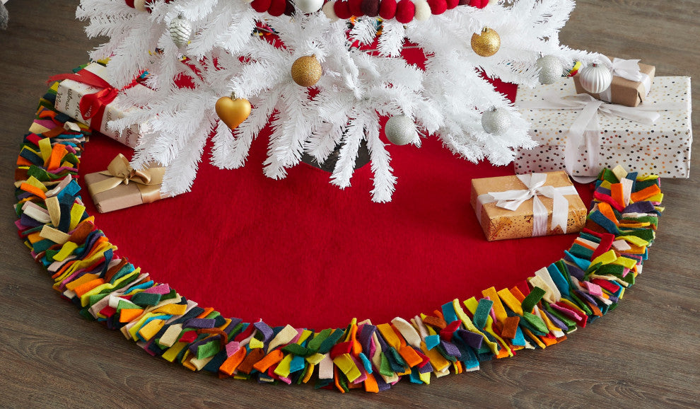 Multicolored Fringe Tree Skirt in Red Hand Felted Wool