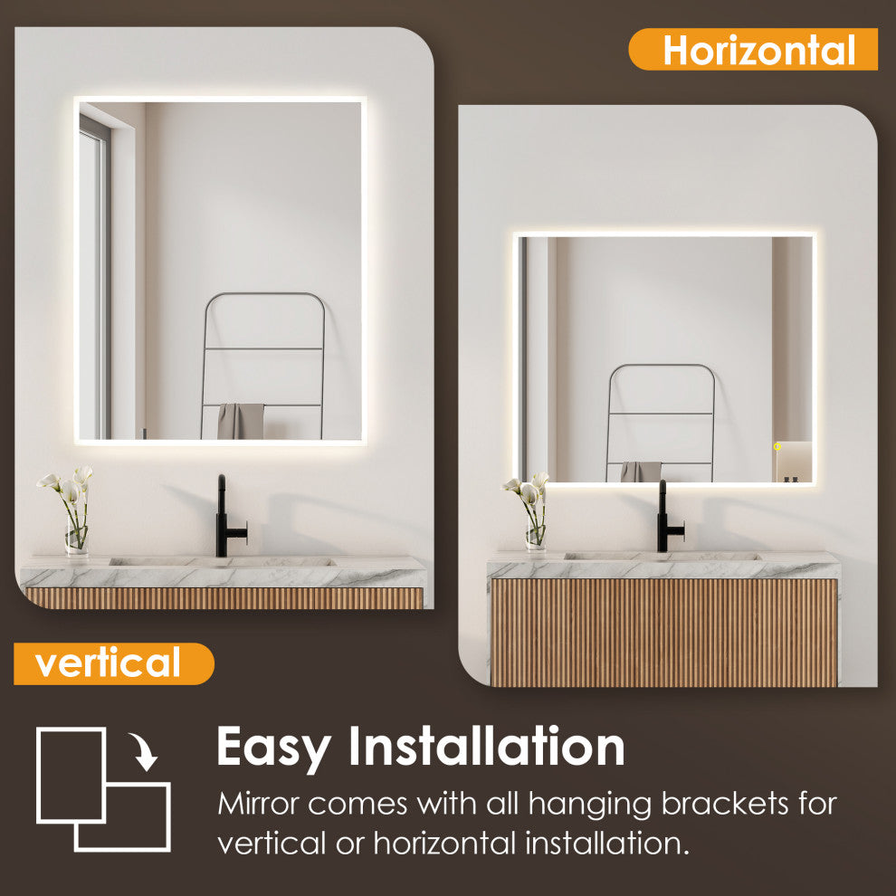 Aurora Framelesss Anti-Fog Dimmable LED Lighted Wall Mirror, No Frame, 36"