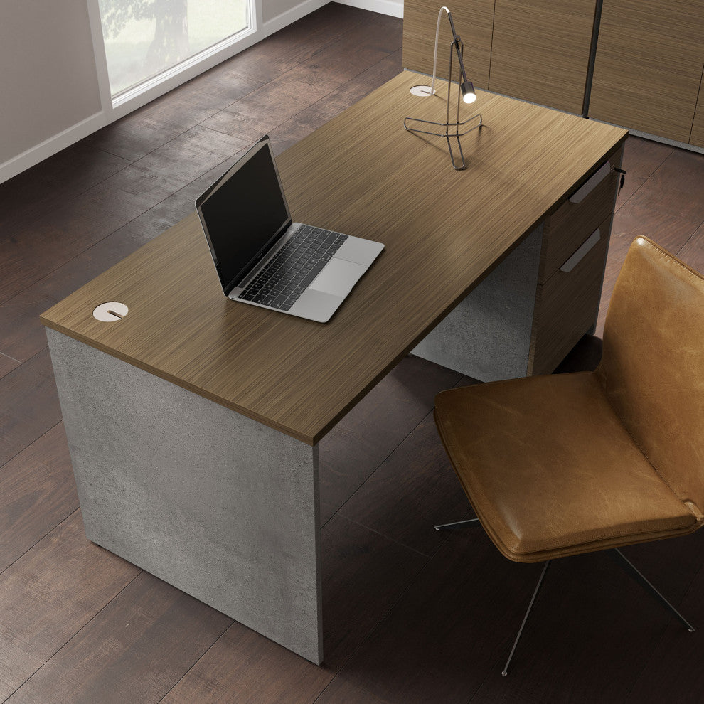 Broome Desk, Weathered Concrete on Latte Walnut