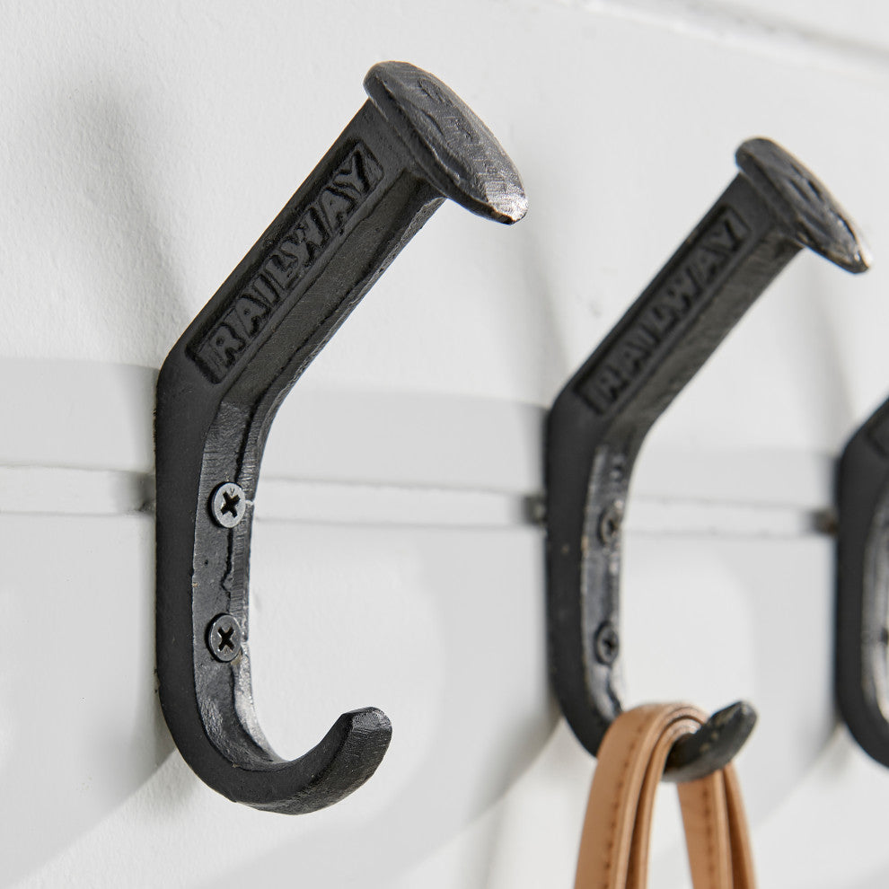 Black Cast Iron Railway Spike Wall Mount Hook Set, Set of 6