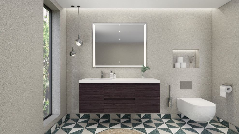 Belli 60" Left Single Sink Wall Mount Vanity, Dark Gray Oak, Glossy White Top