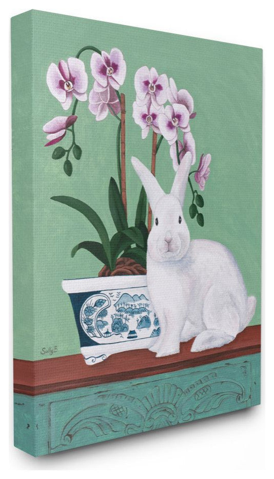 Rabbit and Flowers Pink Green Animal Painting, 30"x40"