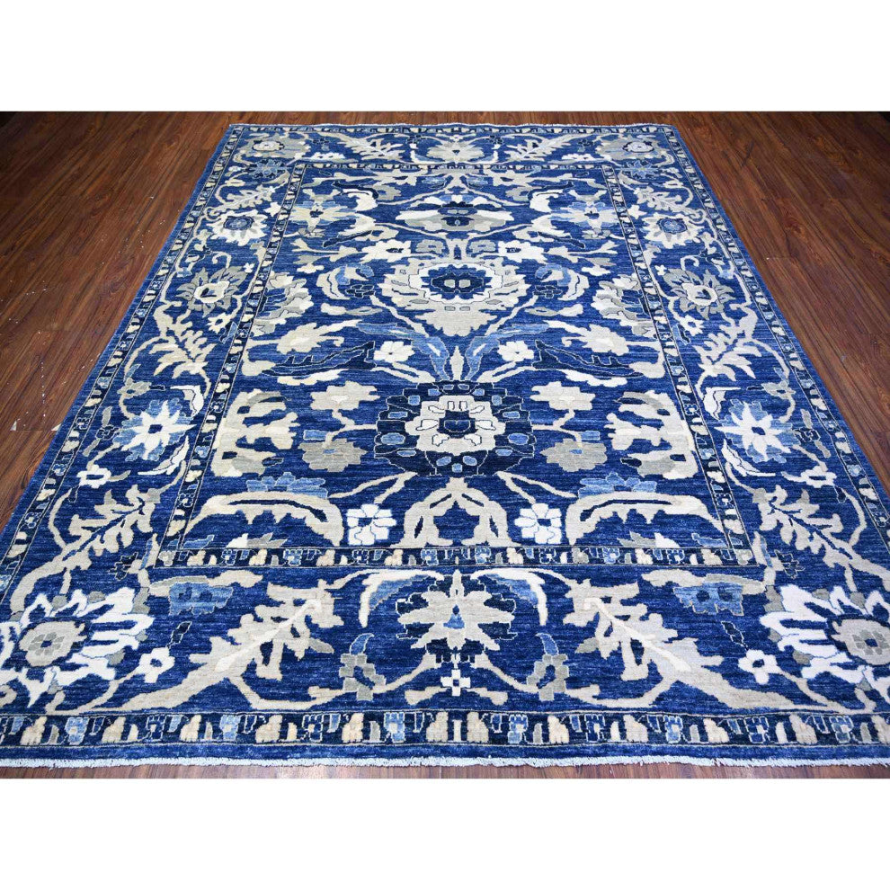 Byzantine Blue Peshawar With Mahal Design Wool Hand Knotted Rug, 8'2"x9'8"