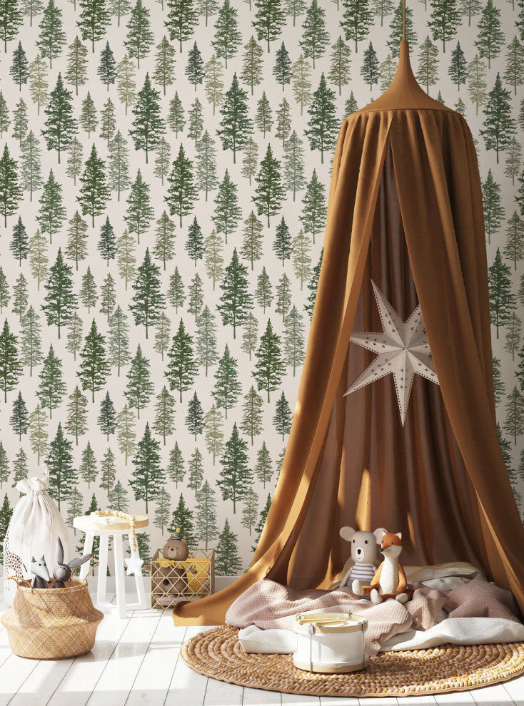 Illustrated Evergreen Forest Peel and Stick Vinyl Wallpaper, Deep Green, 24" X 60"