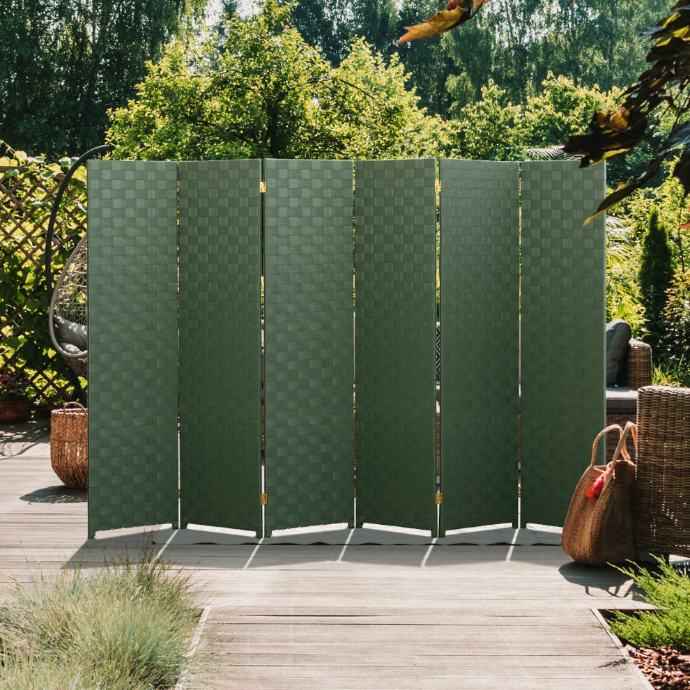 6 ft. Tall Woven Fiber Outdoor All Weather Room Divider 6 Panel Green