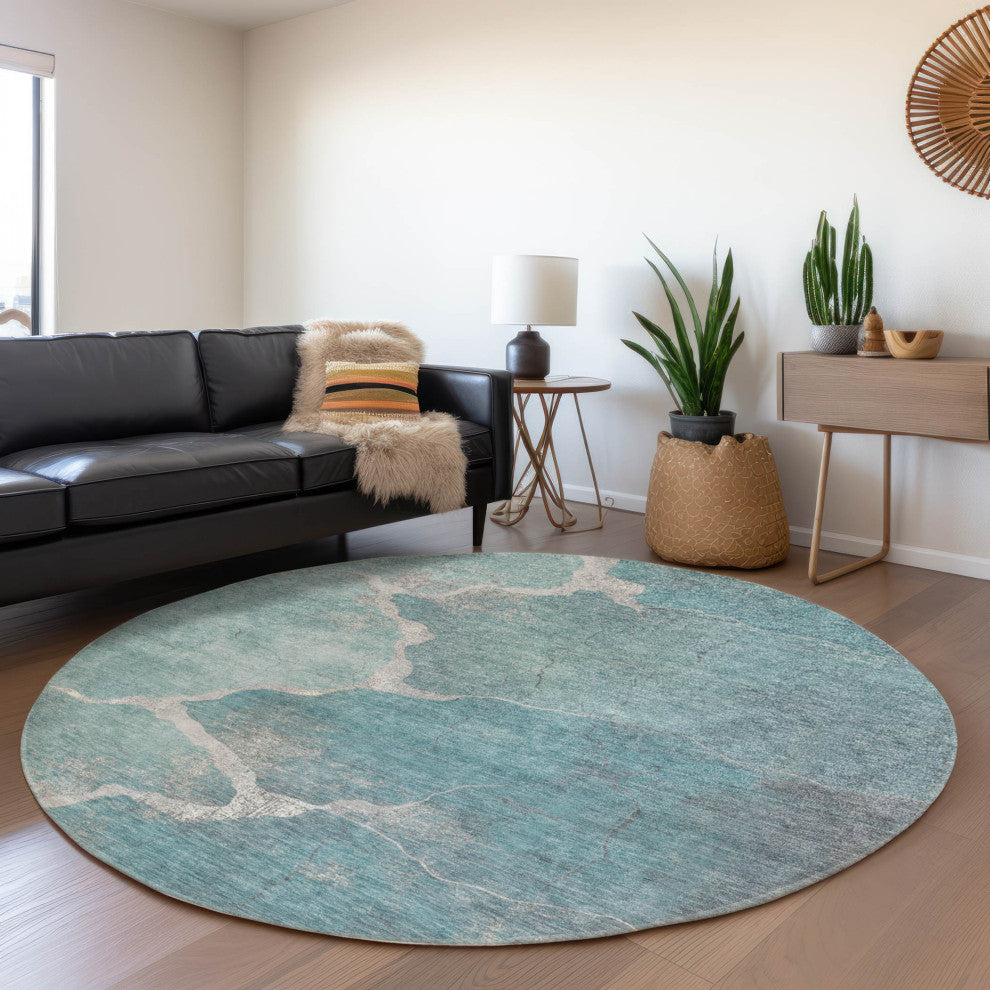 Machine Washable Indoor/Outdoor Chantille ACN1889 Teal 8' x 8' Round Rug