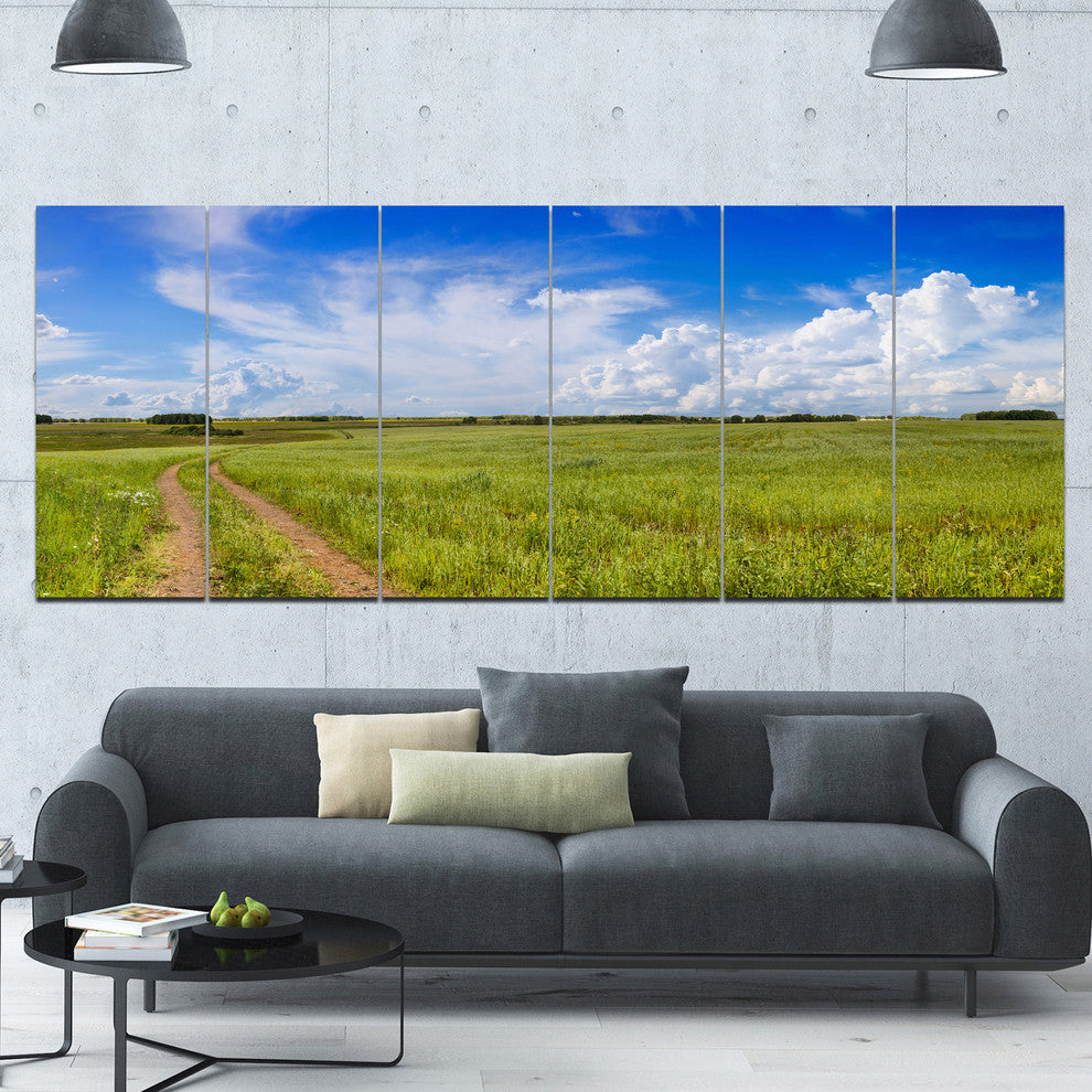 Road in Field with Green Grass, Landscape Canvas Art Print, 70"x28", 6 Panels