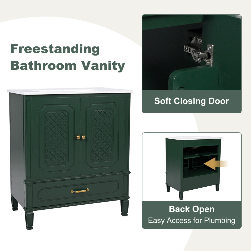 GDF Studio 30" Vintage Vanity With Sink, Drawer & Adjustable Shelf, Dark Green
