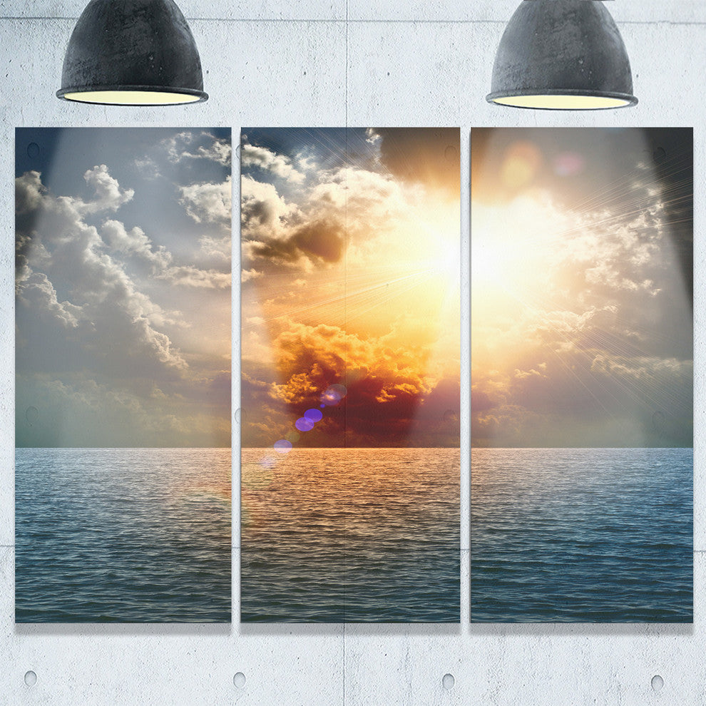 "Yellow Sunset in the Middle of Ocean" Beach Metal Wall Art, 3 Panels, 36"x28"