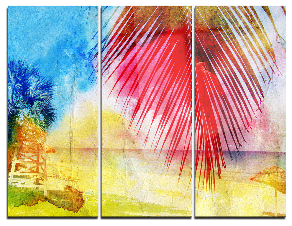 "Retro Palm Leaf Watercolor" Trees Metal Wall Art, 3 Panels, 36"x28"