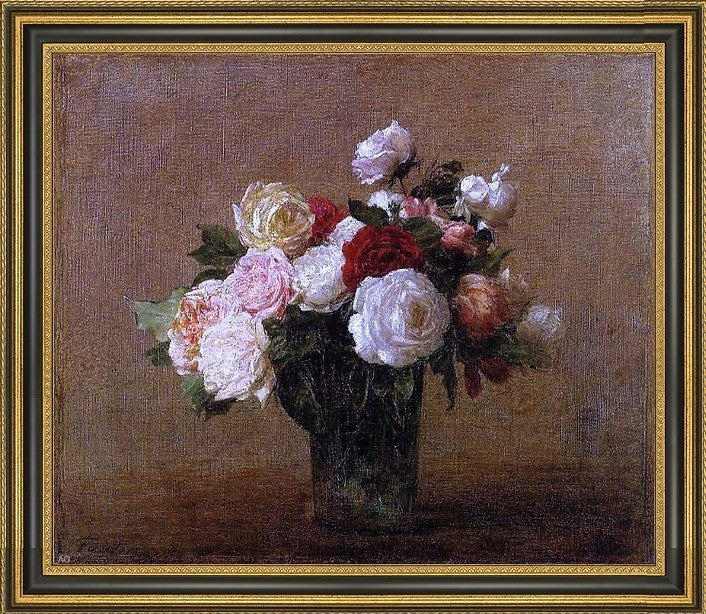 Henri FantinLatour Roses in a Glass Vase Framed Premium Canvas Print, 20"x25"