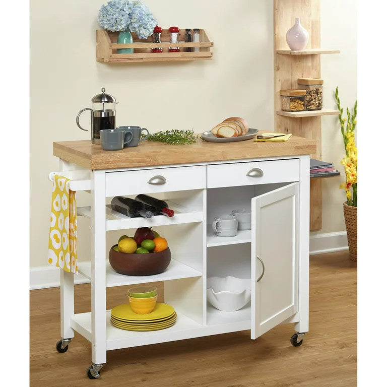 Modern Kitchen Cart, 3 Open Shelves & Storage Drawers With Natural Top, White