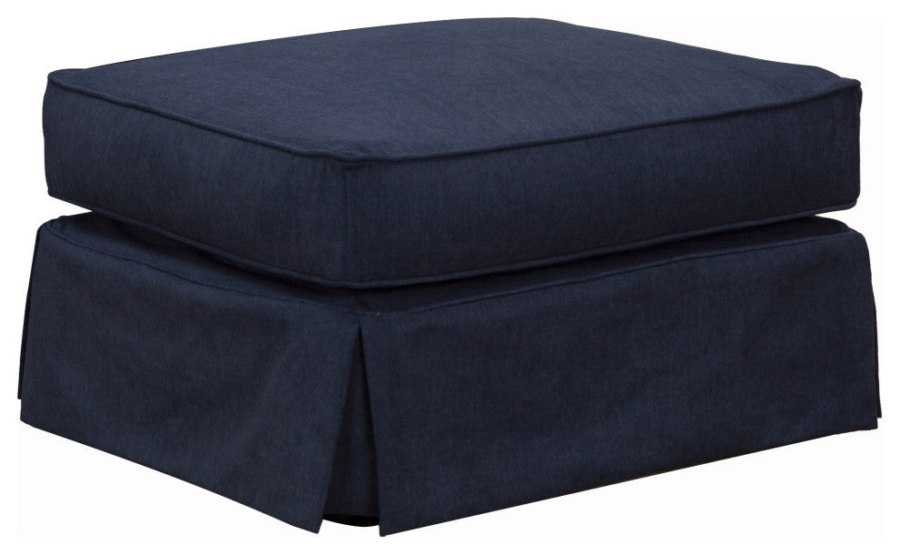 Box Cushion Slipcovered Ottoman, Stain Resistant Performance Fabric, Navy Blue