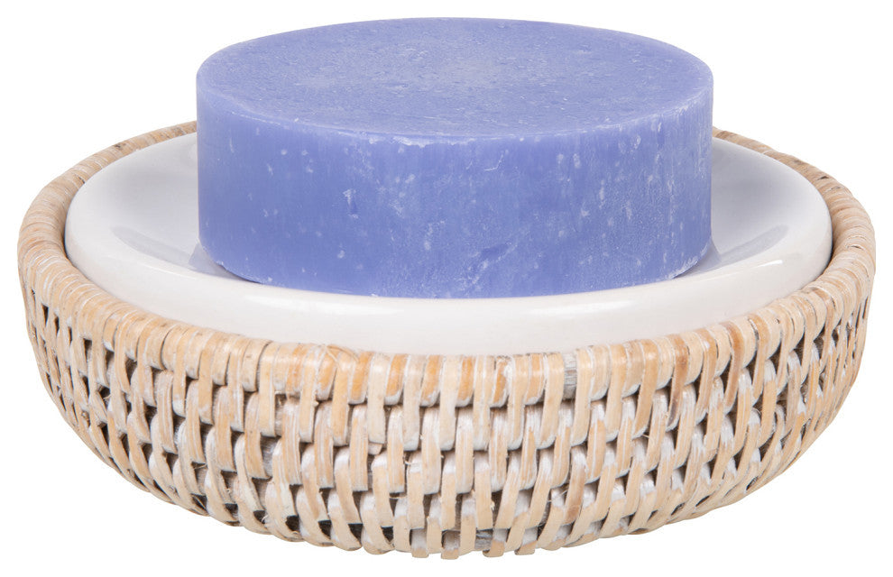 La Jolla Rattan Round Soap Dish, White Wash