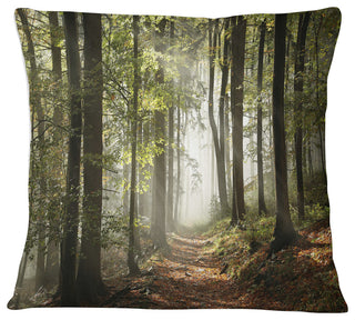 Green Fall Forest with Sun Rays Landscape Photography Throw Pillow, 18"x18"
