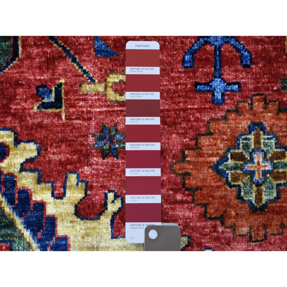 Red Afghan Ersari with Geometric Design, Pure Wool Oriental Rug, 5'7" x 7'7"