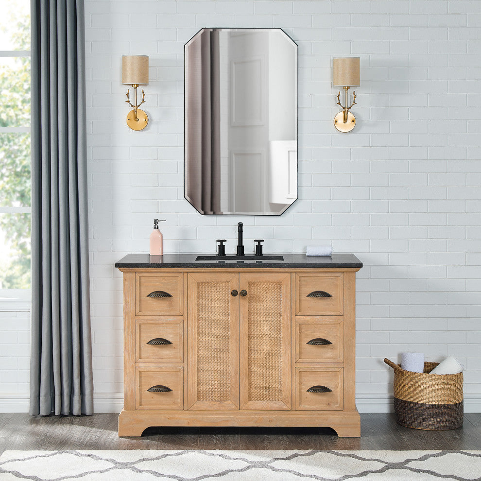 Hervas Bath Vanity, Fir Wood Brown, 48in., Celestite Marble Top, No Mirror