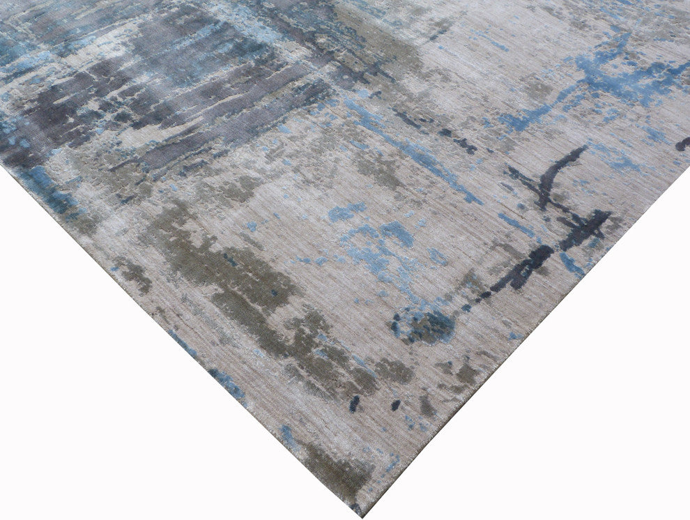 Reflections Hand-Loomed Bamboo Silk and Cotton Beige/Blue Area Rug, 8'x10'