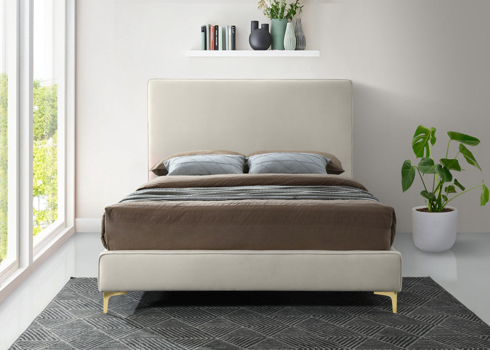 Geri Velvet Upholstered Bed, Cream, Queen