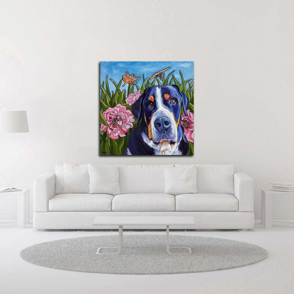 Dog and Dragonflies by Kathryn Wronski, Print on Canvas, 16" x 16"