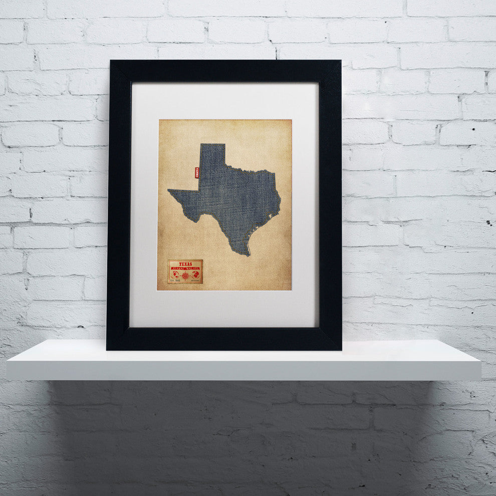 'Texas Map Denim Jeans Style' Matted Framed Canvas Art by Michael Tompsett