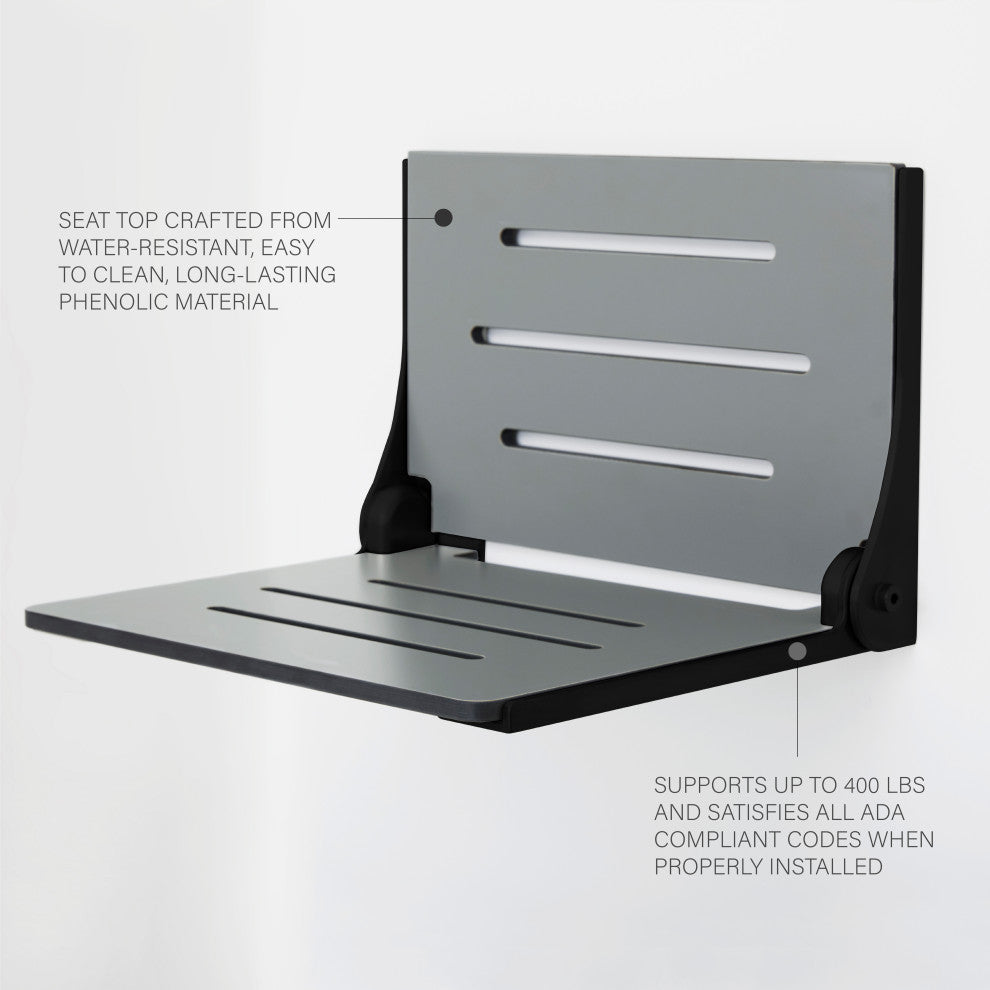 Silhouette Folding Wall Mount Shower Bench Seat, Gray Seat, Matte Black Frame