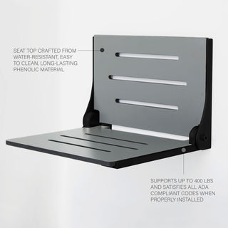 Silhouette Folding Wall Mount Shower Bench Seat, Gray Seat, Matte Black Frame