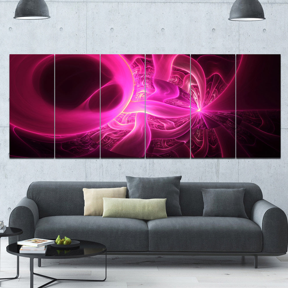Bright Pink Designs on Black, Abstract Wall Art Canvas, 70"x28", 6 Panels