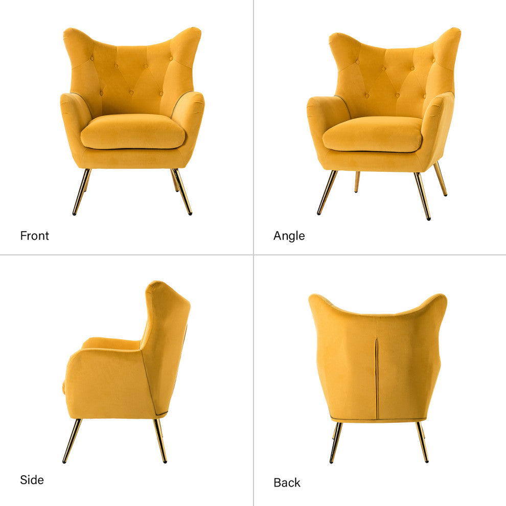 Tufted Accent Chair With Golden Legs, Mustard