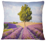 Lonely Green Tree in Lavender Field Landscape Printed Throw Pillow, 16"x16"