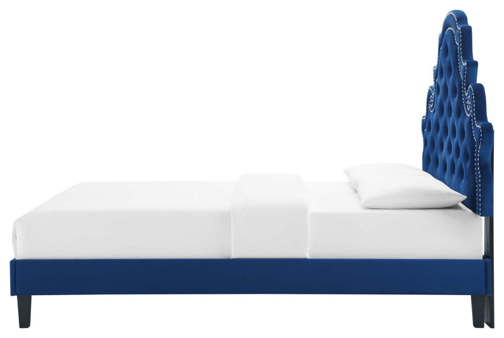 Tufted Platform Bed Frame, Twin Size, Velvet, Blue Navy, Modern Contemporary