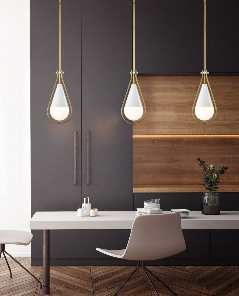 Admiral 1 Light Pendant, 6", Matte White and Natural Brass Finish