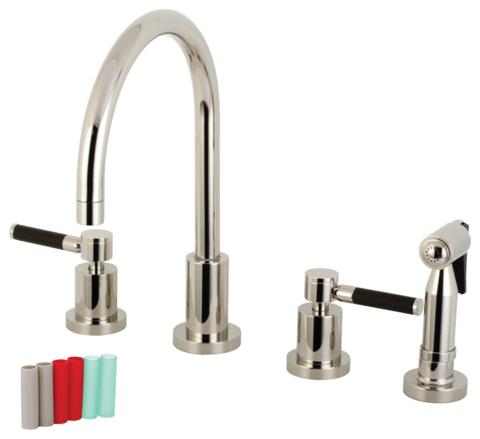 KS8726DKLBS 8" Widespread Kitchen Faucet With Brass Sprayer, Polished Nickel