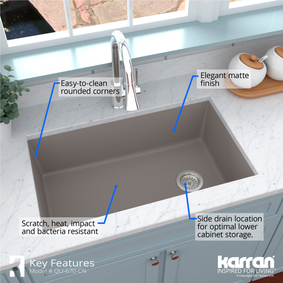 Karran Undermount Quartz Composite 32" Single Bowl Kitchen Sink, Concrete